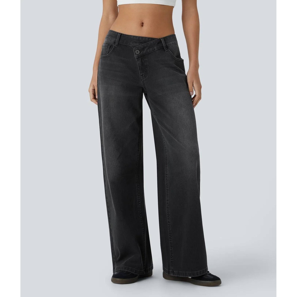 Halara Flex Asymmetric Low Rise Zipper Pockets Baggy Wide Leg Black Sz XL Jeans